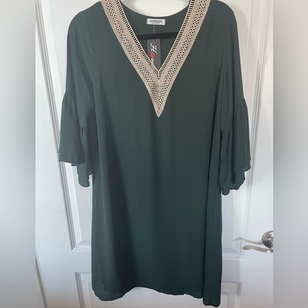Medium net Hot Touch Green midi Dress embroidered collar 19 ptp